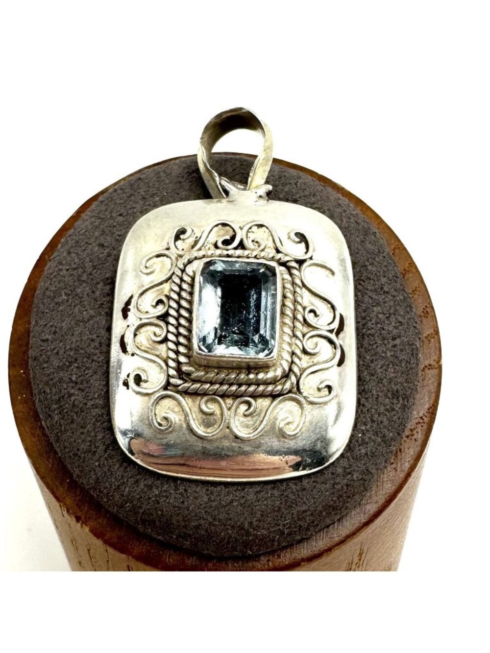 Sterling Silver 925 Topaz Scroll Design Rectangular Pendant Size 1.5" Length